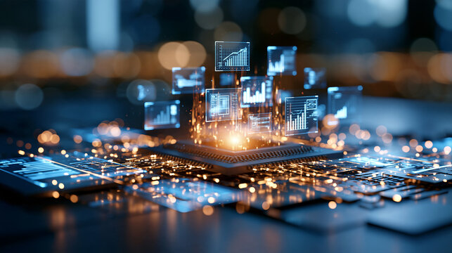 Glowing high performance computing processor analyzing multiple digital data file icons to generate automated business intelligence report charts on a bright background data