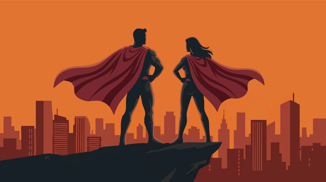 Heroic Duo on Cliff Edge with Cityscape Background at Sunset