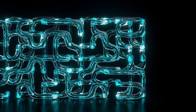 Abstract 3D maze formed by transparent cyan tubes on a dark background