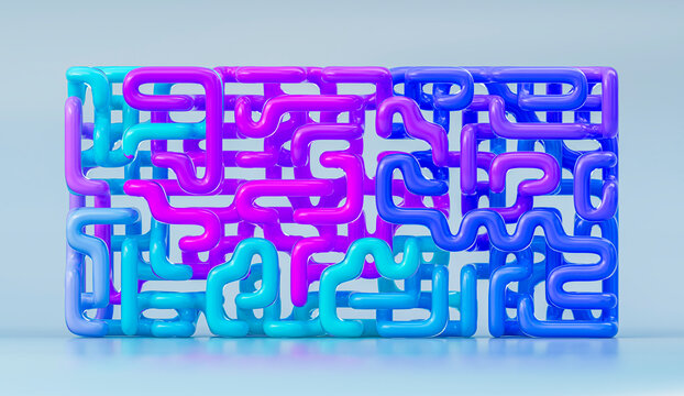 Red white and blue 3D tubular maze with glossy geometric forms