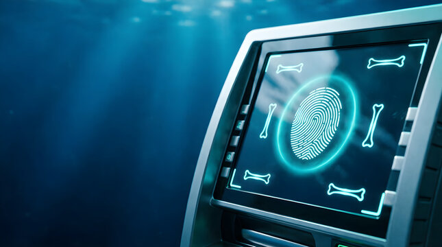 AI automated teller machine displaying biometric interface for modern bank promotions