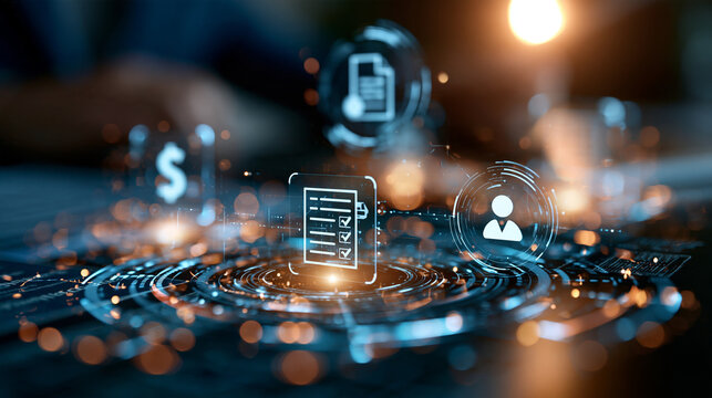 Bright digital interface displaying payroll automation software with salary processing pay slip and employee record icons tax accounting hr finance compliance workflow