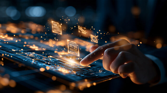 Bright digital interface displaying automated data capture and categorization of financial document invoice and receipt icons business technology data organization corporate