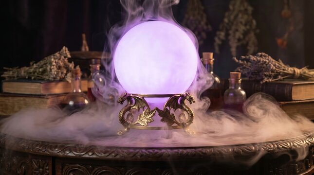 Magical crystal ball glowing on desk with purple mist