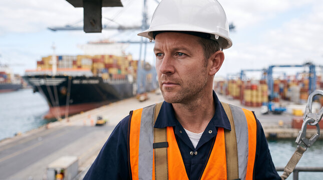 Port worker in hard hat and safety harness at container terminal, maritime PPE and fall protection