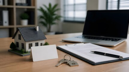 Fototapeta premium Real Estate Office Desk Scene with Miniature House Model