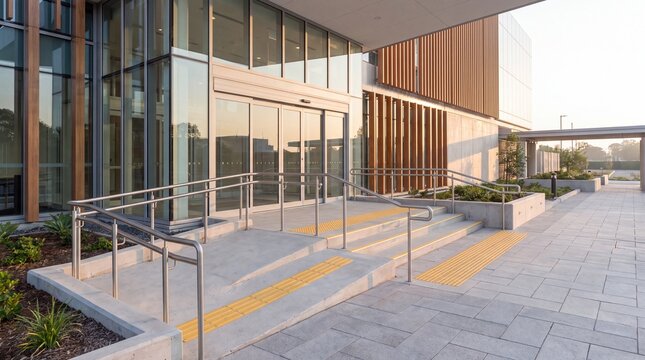 Modern building entrance with automatic doors and accessible ramp during golden hour