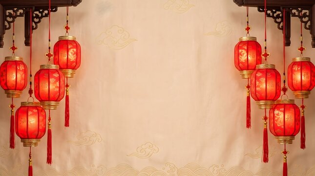 Beautiful traditional red chinese lanterns are decoratively hanging for festive celebrations against a soft neutral colored background
