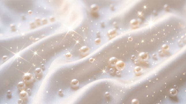 Shiny white pearls scattered on smooth soft satin fabric background with glowing sparkles and luxury elegant texture