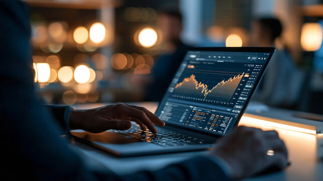 Rear view of a financial analyst using a laptop displaying market charts at a bright clean desk financial analysis business technology data visualization corporate finance