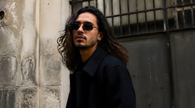Street Fashion Portrait of a Stylish Man with Long Hair and Sunglasses