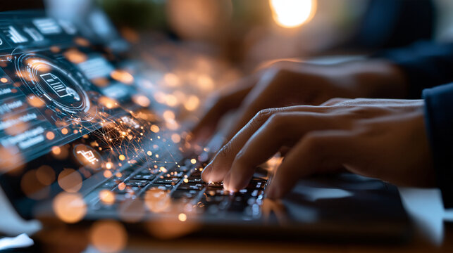 Close up of hands typing on a laptop displaying a digital procurement interface with invoice management and supply chain icons on a bright background business technology