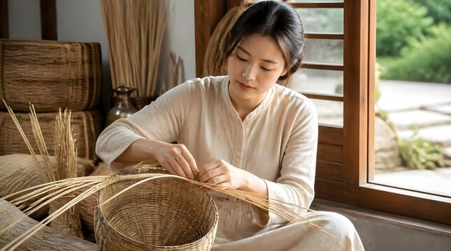 Traditional Korean Basket Weaving Craftswoman at Work