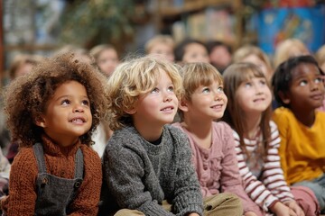 Fototapeta premium A group of diverse young children sits intently, looking up with curious expressions. This photo conveys youthful wonder, engagement, and the joy of learning.