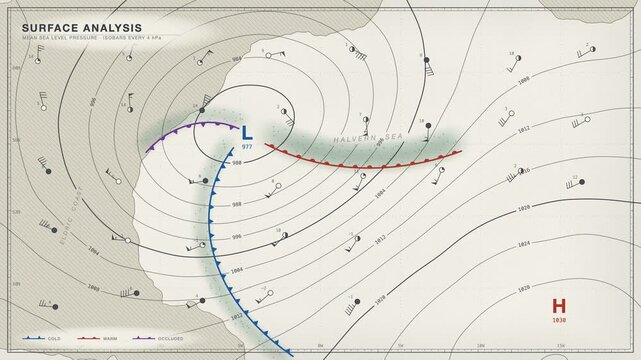 Animated surface weather chart with a deepening low pressure cyclone crossing a coastline, isobars, warm and cold fronts, wind barbs and copy space, seamless loop