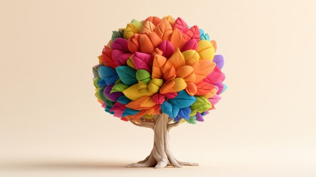 A 3d render shows a clay tree with unique rainbow leaves in various shapes. The background is a soft cream color, highlighting the design.