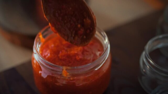 A woman prepares homemade organic chili sauce and ladles it into small glass jars with a wooden spoon. Concept of fresh homemade spicy sauce and natural recipe preparation