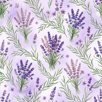 Watercolor Lavender Seamless Pattern with Floral Bouquets and Provence Herb Branches