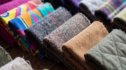 Obraz premium Textile swatches displaying diverse textures, patterns, and colors, representing fabric selection for fashion, upholstery, or interior design projects and crafts