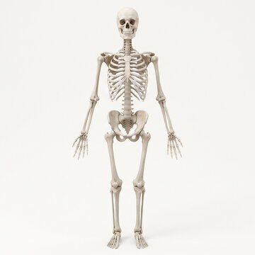 human skeleton anatomical model standing against white background
