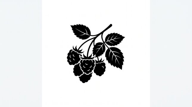 Black and white illustration of raspberries on a branch with leaves