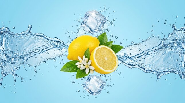 Fresh yellow lemons with green leaves and white flowers splashing in clear cool water with ice cubes on a light blue background