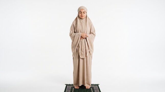 Muslim woman in hijab standing and praying with hands joined on prayer rug
