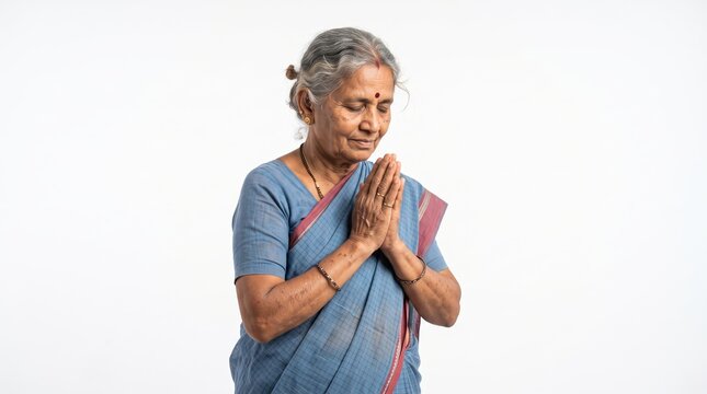 Serene elderly Indian woman with closed eyes and hands in a traditional Namaste gesture, reflecting a moment of peaceful prayer or profound meditation, embodying spiritual tranquility