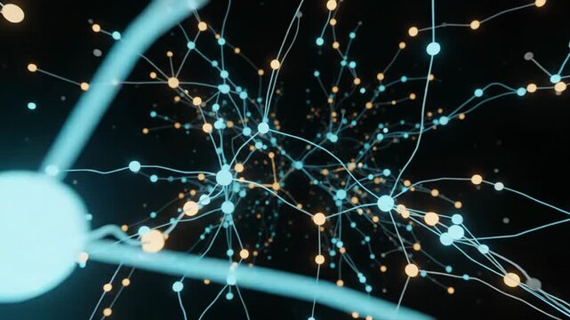 Cinematic slow pan through glowing data network nodes