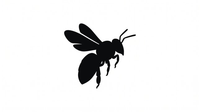 Black silhouette of a bee in flight against a white background