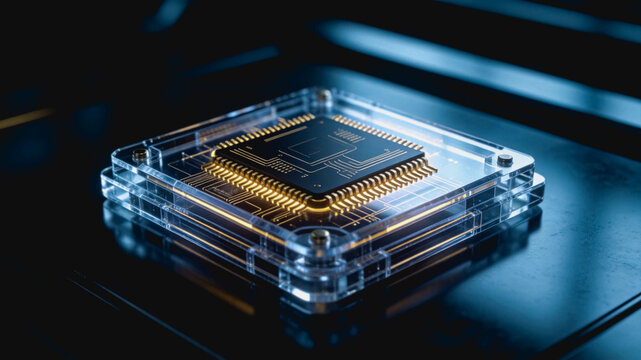 Microchip on Transparent Circuit Carrier High-Tech Electronic Component