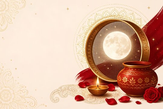 Karwa Chauth celebration banner with festive elements - ai generative