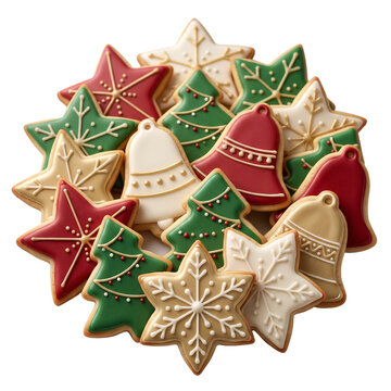 Assorted Christmas decorated sugar cookies with stars, trees and snowflakes, colorful festive bakery food design for holiday packaging on transparent background
