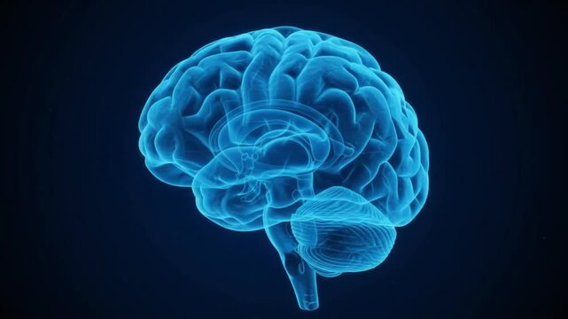 3D Human Brain Anatomy Glowing Blue Wireframe on Dark Background Medical Science Concept