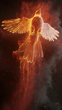 Vertical video: Spreading wings fiery bird rising away in smoke, glowing eyes, ember tail trailing