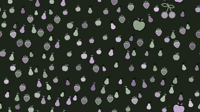 Seamless pattern of stylized fruits on a dark background
