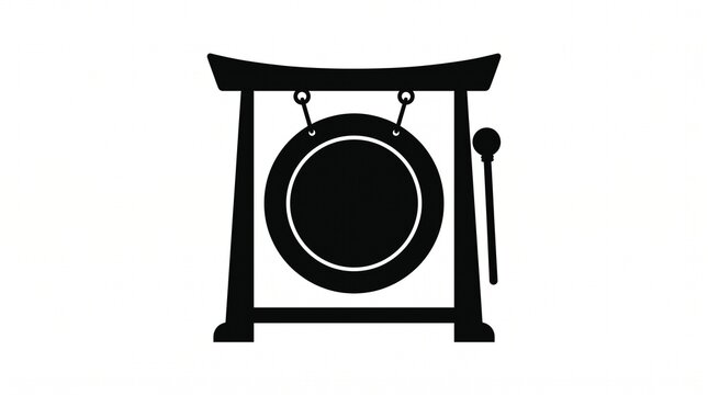 Black silhouette of a traditional gong with a mallet on a white background