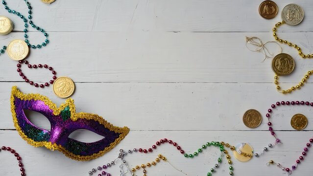 Mardi Gras mask and beads on white