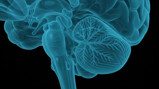 3D Medical Animation of Human Brain Anatomy Cerebellum and Brainstem Blue X Ray View on Black Background