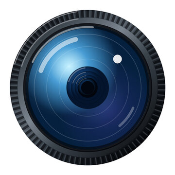 Fisheye camera lens with domed front element front view on transparent background