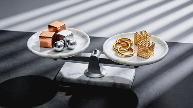 Balance Scale Comparing Copper Silver Gold Objects