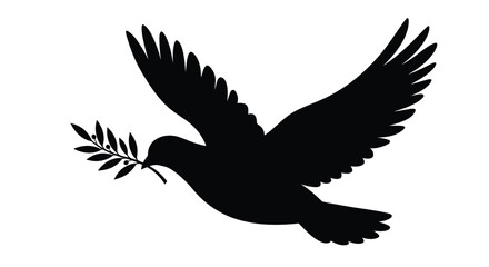 Fototapeta premium Black silhouette of a dove carrying an olive branch against a white background