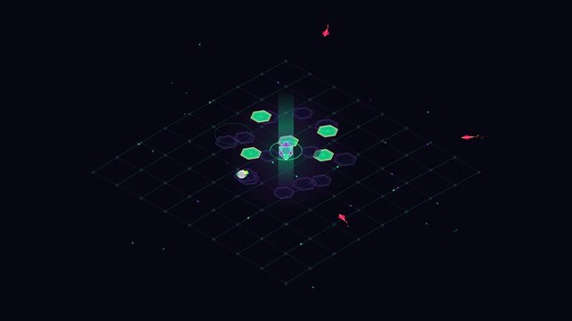 Futuristic isometric animation of neon green data nodes rotating around a central glowing core on a dark grid.