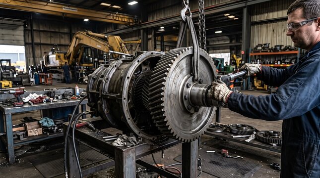 Disassembled Helical Gear In Repair Bay