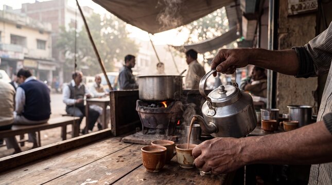 Pouring hot chai tea from a kettle into clay cups at an outdoor stall in India during sunrise