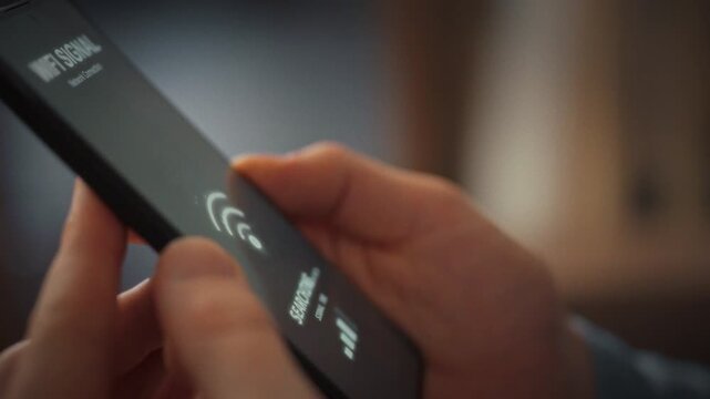 At dusk in his living room, man holds his smartphone, watching Wi-Fi icon flash &lsquo;Network found' then &lsquo;Connection established.' The scene shows wireless Internet and smartphones woven into home life