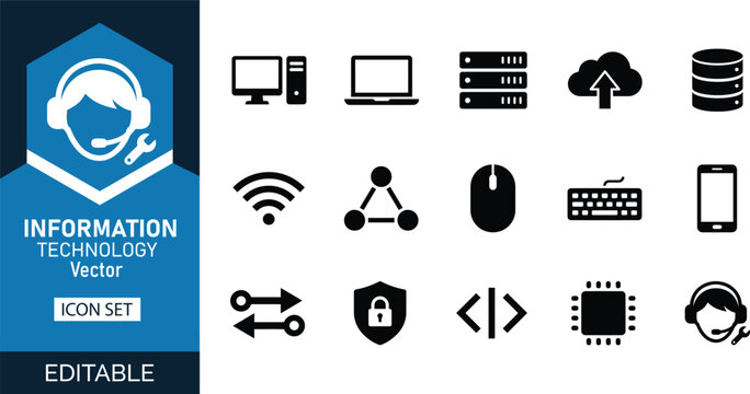 Information Technology Vector Icon Set, Computer, Network, Cloud Computing, Database, Cyber Security, Programming, Internet and Digital Technology Editable Icons