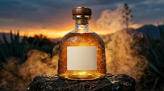 A bottle of premium gold tequila standing on a dark stone surface during a beautiful sunset in the desert landscape