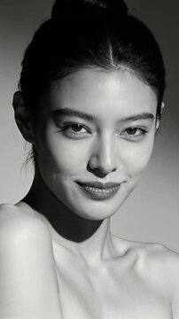 Vertical video: Responding to cam cue, model shifting neutral into warm smile in studio with makeup