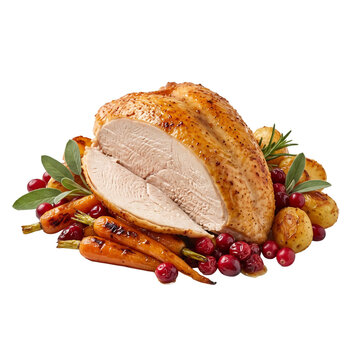 Festive Christmas roast turkey with cranberry garnish, sage, rosemary and roasted vegetables, premium holiday dinner food design on transparent background